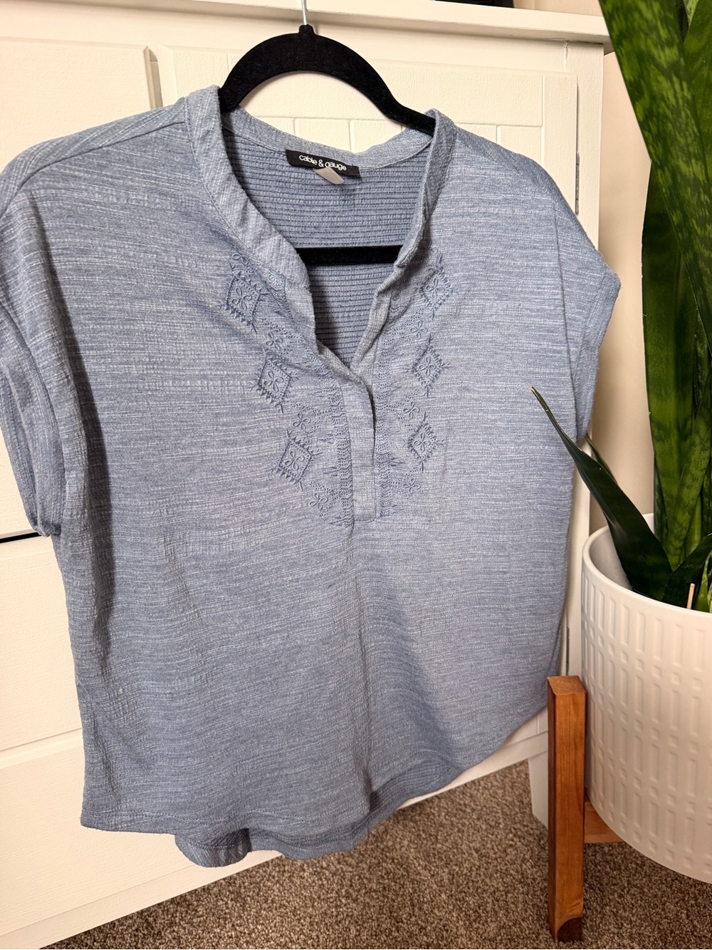 Cable & Gauge Embroidered Split-Neck Top in Light Blue